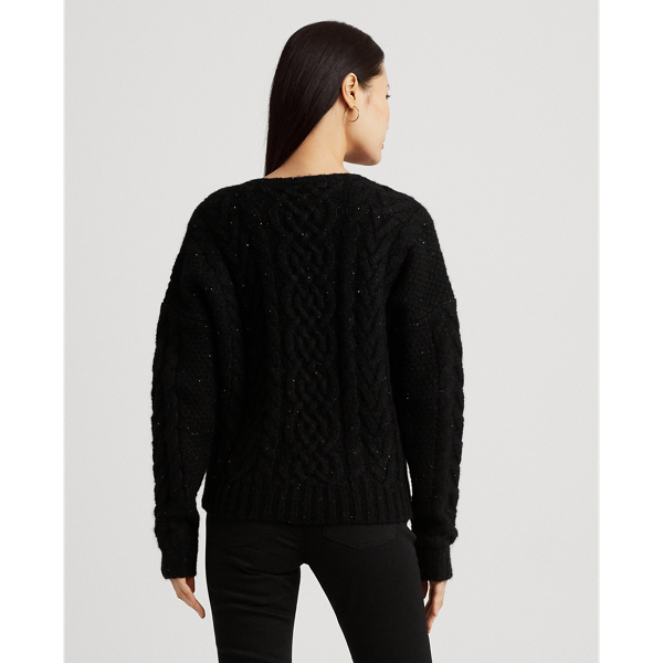 Black Sequined Wool-Blend Aran-Knit Sweater Lauren 5