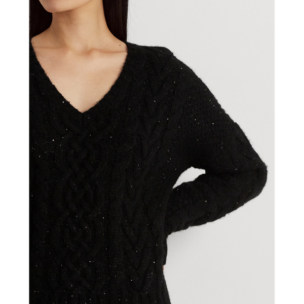 Black Sequined Wool-Blend Aran-Knit Sweater Lauren 6