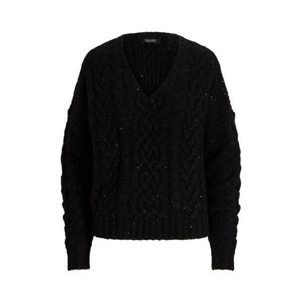 Black Sequined Wool-Blend Aran-Knit Sweater Lauren 2
