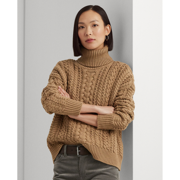 Classic Camel Cable-Knit Cotton-Blend Turtleneck Lauren 1