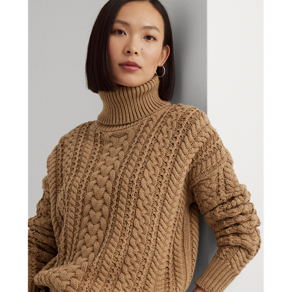 Classic Camel Cable-Knit Cotton-Blend Turtleneck Lauren 6