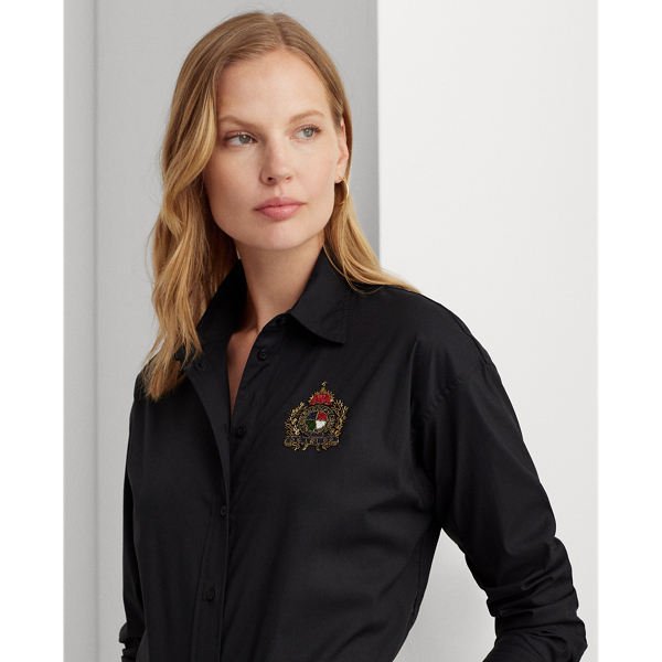Black Beaded-Crest Stretch-Cotton Blend Shirt Lauren 6
