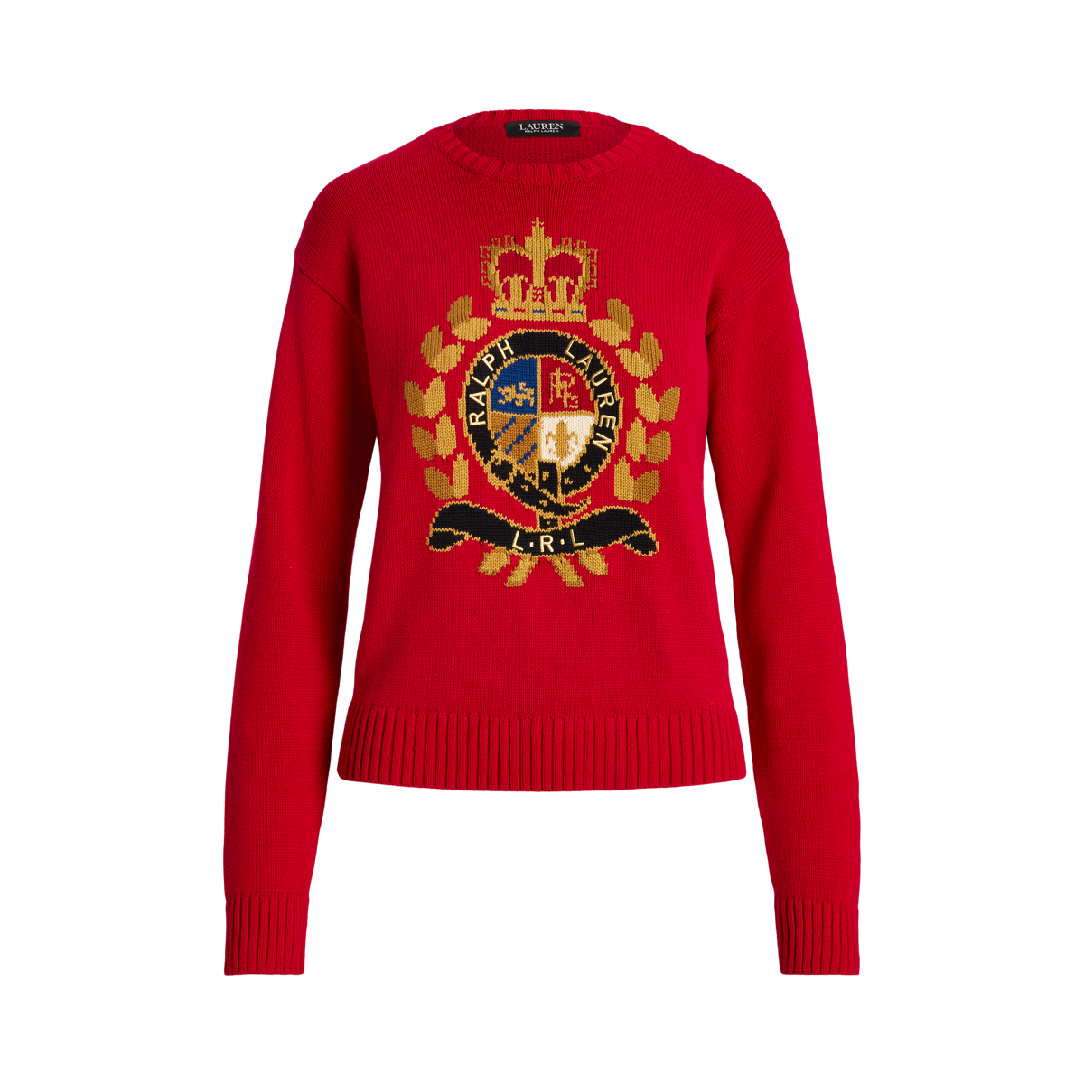 Intarsia Knit Crest Cotton Blend Sweater