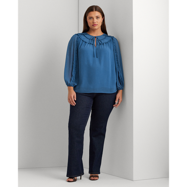 Frosted Lapis Ruffle-Trim Georgette Tie-Neck Blouse Lauren Woman 4