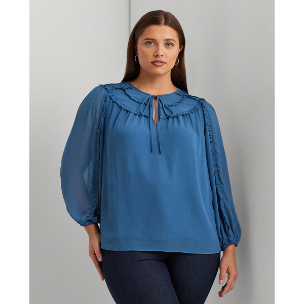 Frosted Lapis Ruffle-Trim Georgette Tie-Neck Blouse Lauren Woman 1