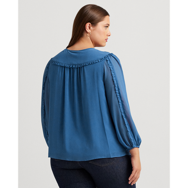 Frosted Lapis Ruffle-Trim Georgette Tie-Neck Blouse Lauren Woman 5