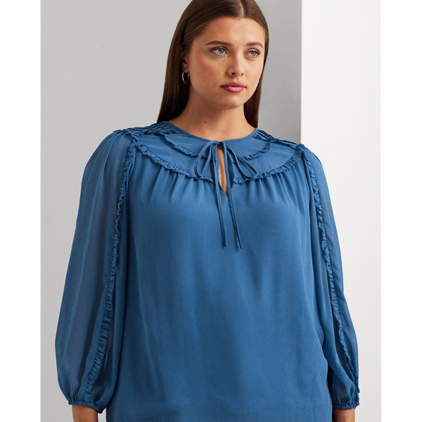 Frosted Lapis Ruffle-Trim Georgette Tie-Neck Blouse Lauren Woman 6