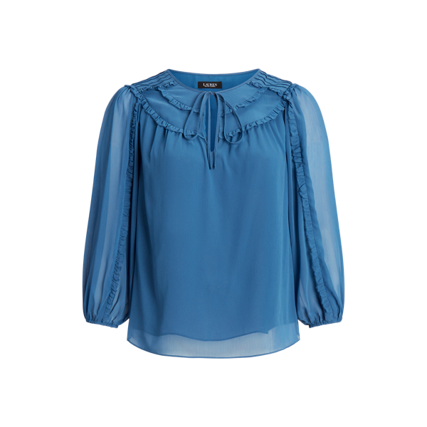 Frosted Lapis Ruffle-Trim Georgette Tie-Neck Blouse Lauren Woman 2