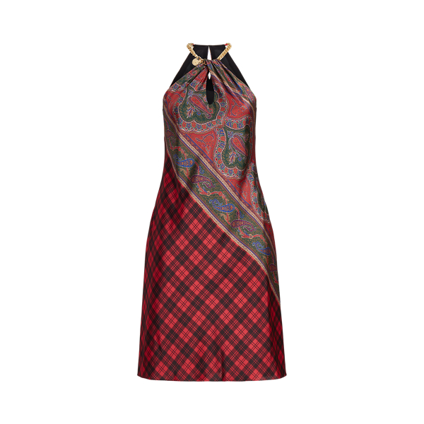 Plaid-Paisley Charmeuse Halter Dress