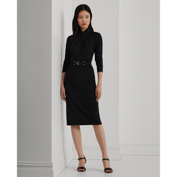 Black Belted Mockneck Jersey Dress Lauren 1