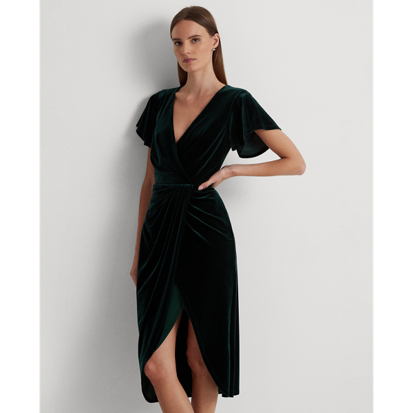 Dark Season Green Velvet Velvet Flutter-Sleeve Cocktail Dress Lauren 4