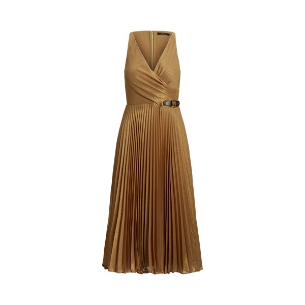 Pleated Metallic Chiffon Cocktail Dress Lauren 1