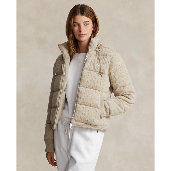 Tuscan Beige Heather Cable-Knit Hooded Down Coat Polo Ralph Lauren 1