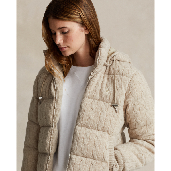Tuscan Beige Heather Cable-Knit Hooded Down Coat Polo Ralph Lauren 6
