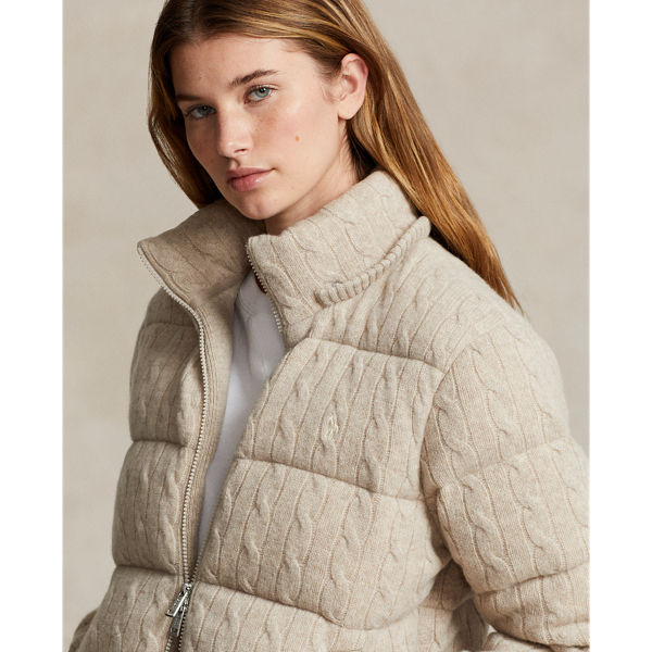 Tuscan Beige Heather Cable-Knit Hooded Down Coat Polo Ralph Lauren 7