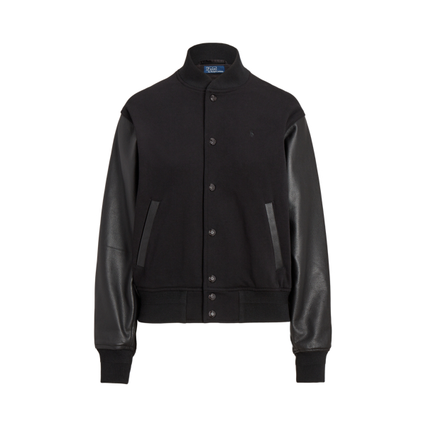 Logo Leather Trim Fleece Bomber Jacket