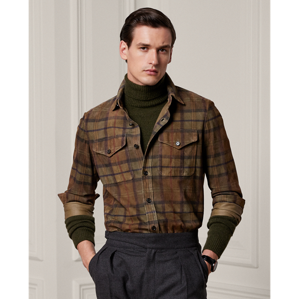 Olive Multi Plaid-Print Suede Shirt Jacket Purple Label 1
