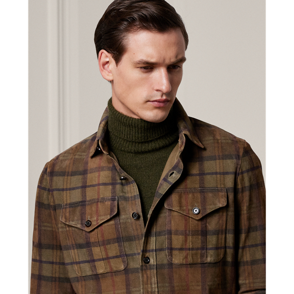 Olive Multi Plaid-Print Suede Shirt Jacket Purple Label 6