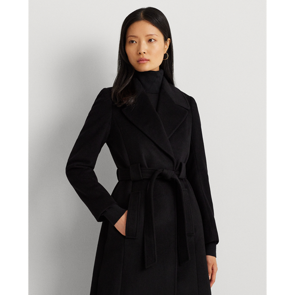 Black Belted Wool-Blend Wrap Coat Lauren 4