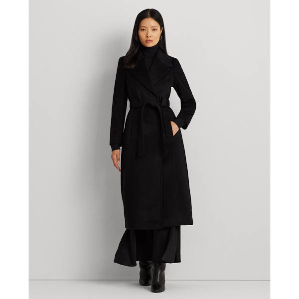Black Belted Wool-Blend Wrap Coat Lauren 1