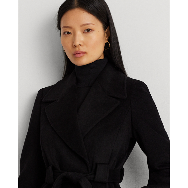 Black Belted Wool-Blend Wrap Coat Lauren 6