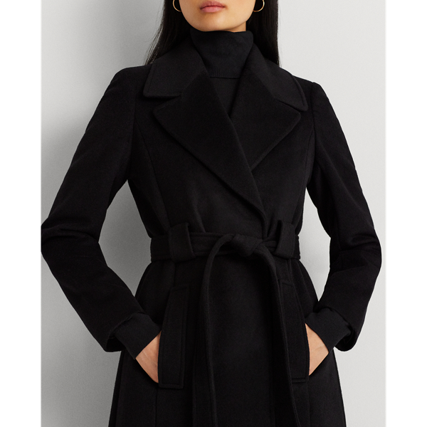 Black Belted Wool-Blend Wrap Coat Lauren 7