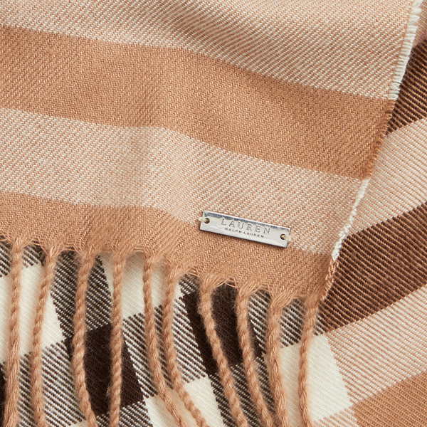 Camel Plaid Plaid Fringe-Trim Wrap Scarf Lauren 3
