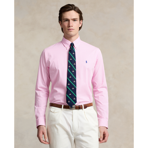 Pink/White Classic Fit Striped Stretch Poplin Shirt Polo Ralph Lauren 1