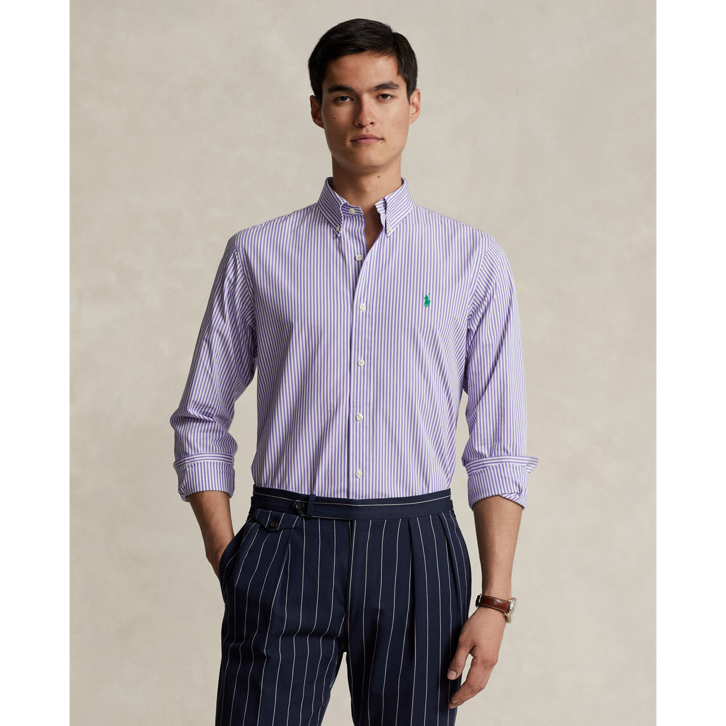 Мужская рубашка Ralph Lauren Classic Fit Striped Stretch Poplin, цвет: Лавандовый полосатый — фото 4