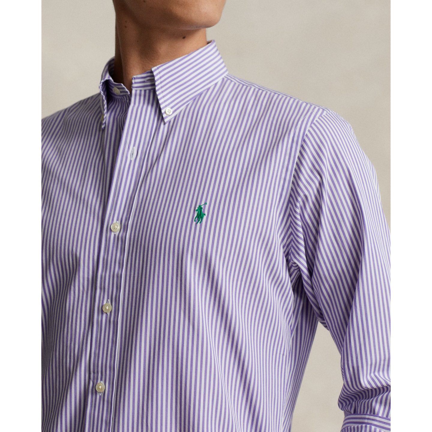 Мужская рубашка Ralph Lauren Classic Fit Striped Stretch Poplin, цвет: Лавандовый полосатый — фото 3