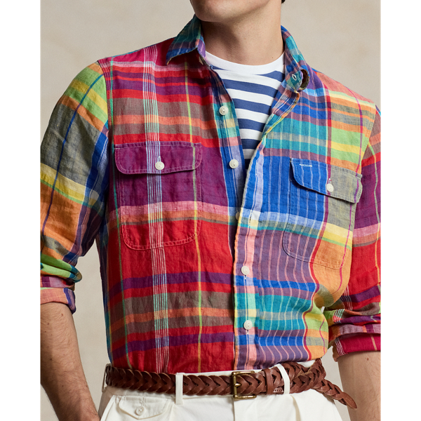 Red/Yellow Multi Classic Fit Plaid Linen Workshirt Polo Ralph Lauren 6