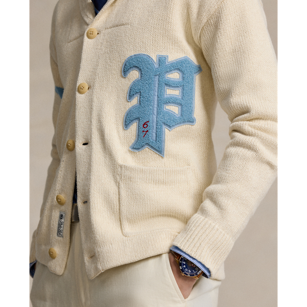 Andover Cream Combo Cotton-Linen Letterman Cardigan Polo Ralph Lauren 6