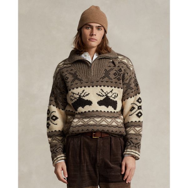 Moose-Intarsia Quarter-Zip Sweater