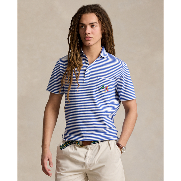 Royal Navy/White Classic Fit Striped Lisle Polo Shirt Polo Ralph Lauren 1