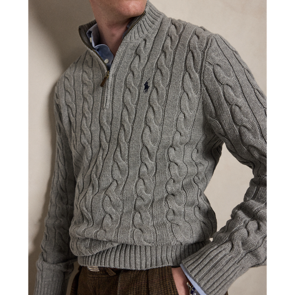 Fawn Grey Heather Cable-Knit Cotton Quarter-Zip Sweater Polo Ralph Lauren 6