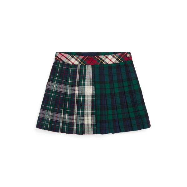 Mixed-Plaid Pleated Cotton Oxford Skirt