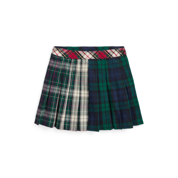 Mixed-Plaid Pleated Cotton Oxford Skirt