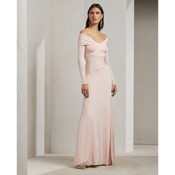 Blush Knit Off-the-Shoulder Evening Dress Ralph Lauren Collection 1