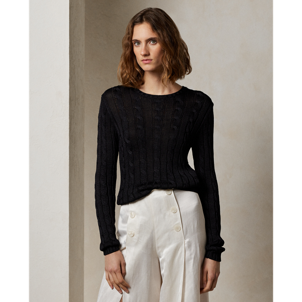 Black Cable-Knit Silk Crewneck Sweater Ralph Lauren Collection 1