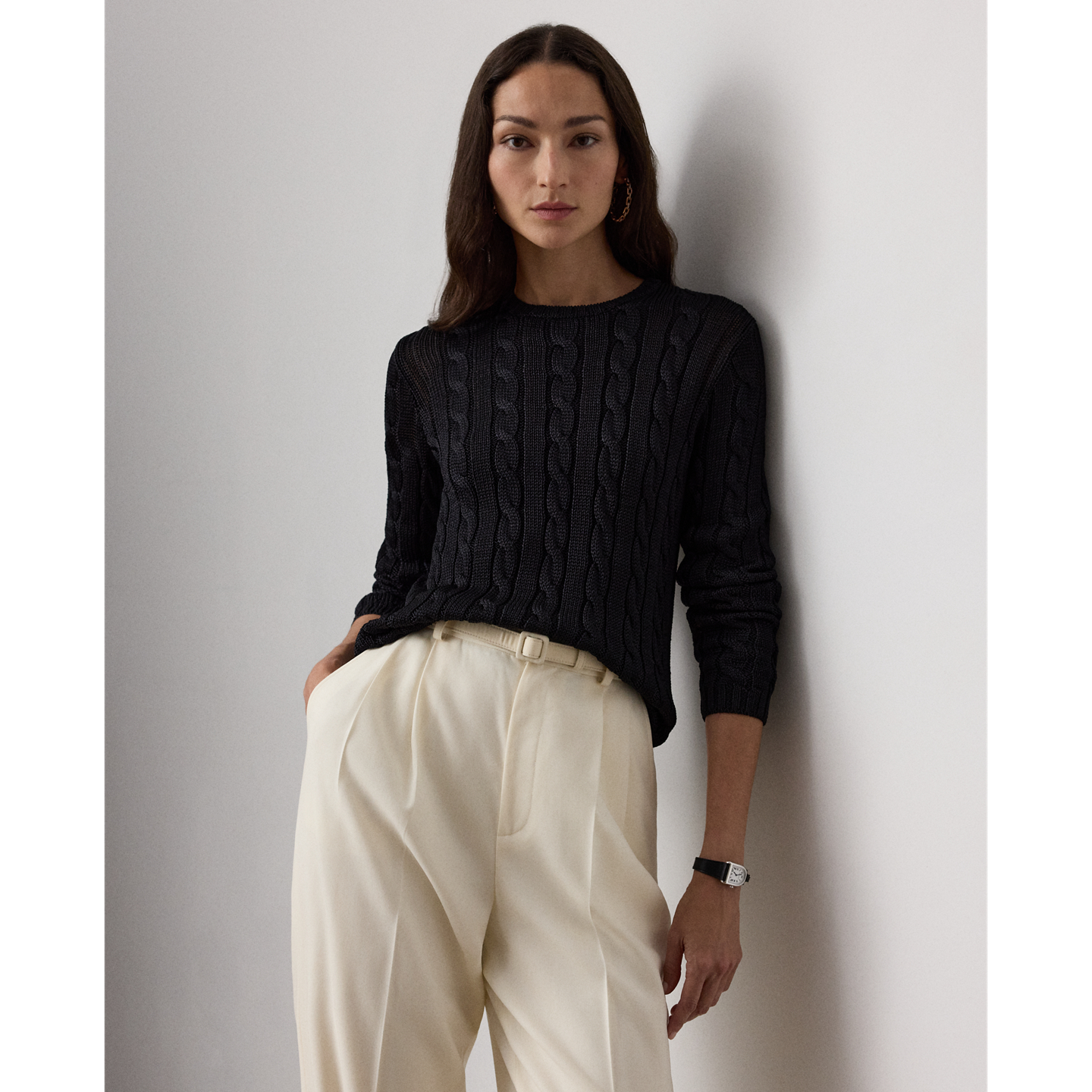 Женский свитер Ralph Lauren Cable-Knit Silk Crewneck, цвет: Чёрный — фото 4