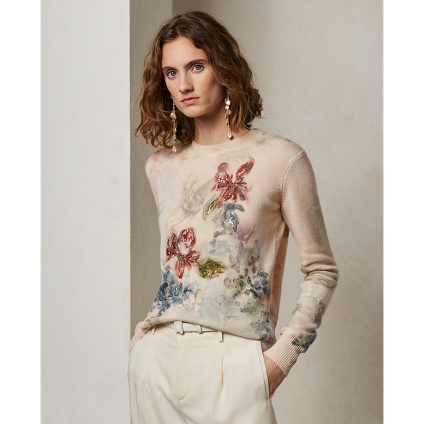 Butter Multi Embellished Floral Cashmere Sweater Ralph Lauren Collection 1