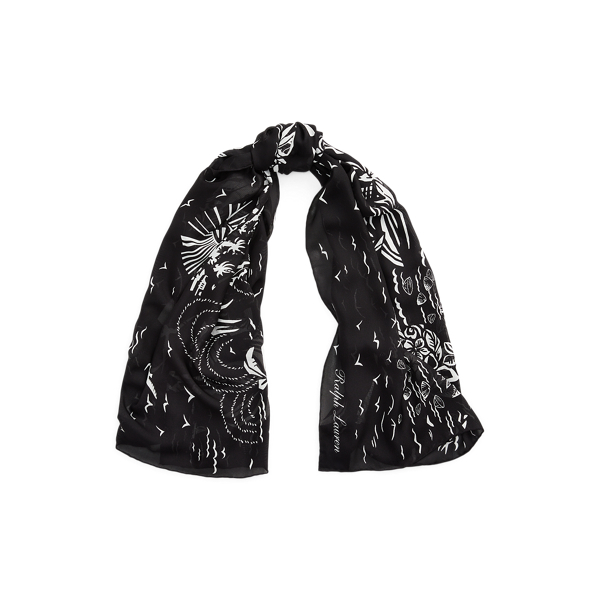 Black/White Beach-Print Silk Gauze Scarf Ralph Lauren Collection 1