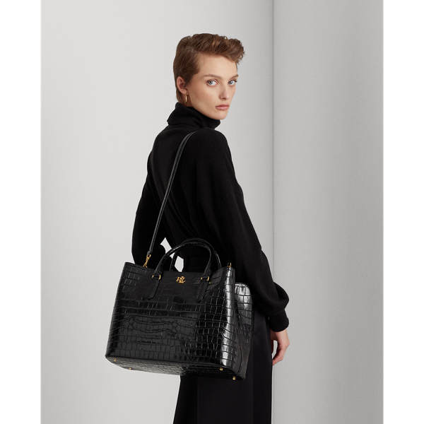 Black Embossed Leather Large Marcy Satchel Lauren 7