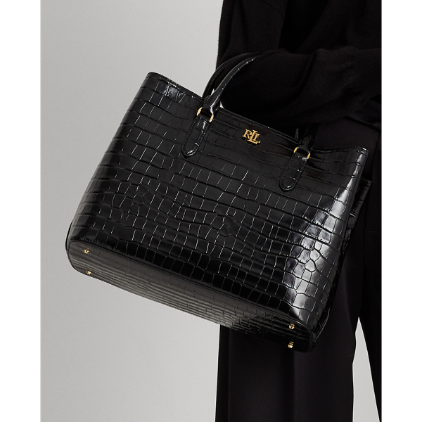 Black Embossed Leather Large Marcy Satchel Lauren 8