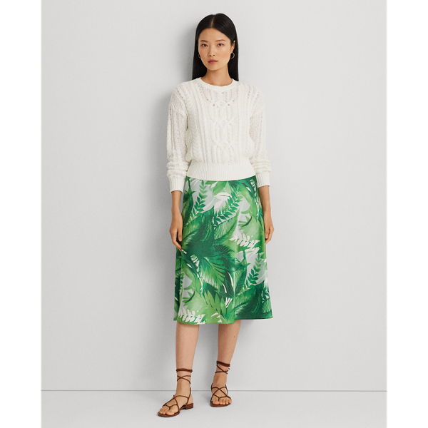 Palm Frond-Print Charmeuse Midi Skirt