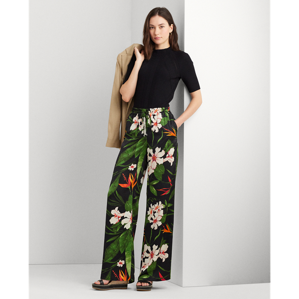 Black/Green/Multi Floral Satin Charmeuse Wide-Leg Pant Lauren 1