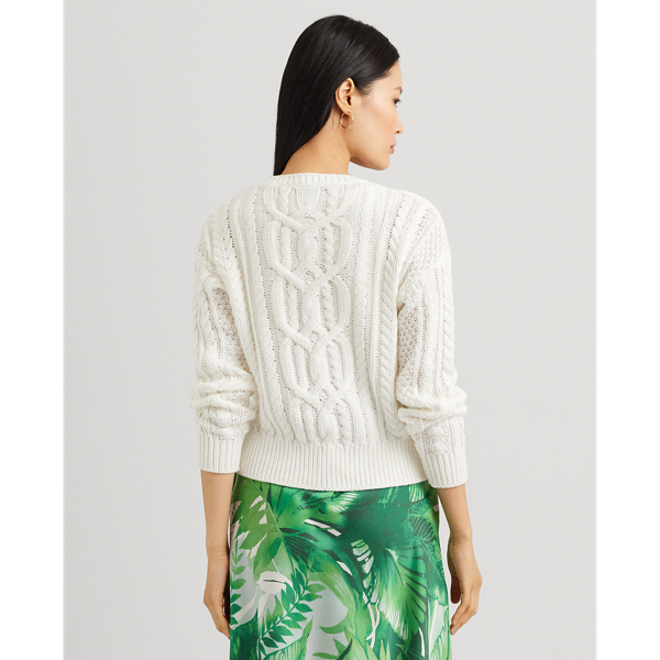 White Cable-Knit Cotton Crewneck Sweater Lauren 5