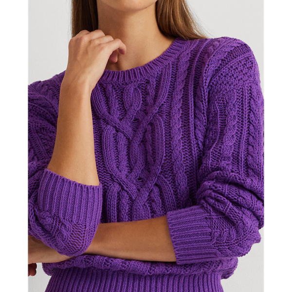 Purple Jasper Cable-Knit Cotton Crewneck Sweater Lauren 6