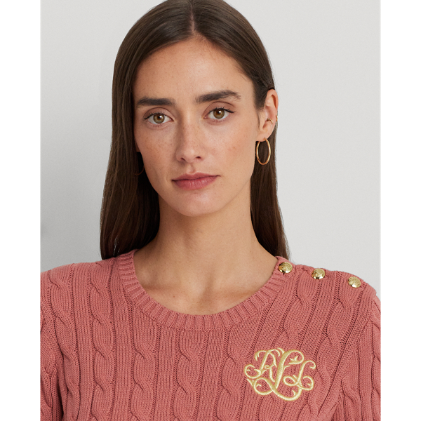 Pink Mahogany Button-Trim Cable-Knit Cotton Sweater Lauren 6