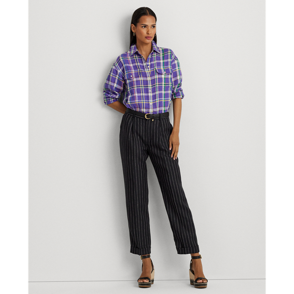 Black/Cream Pinstripe Pleated Linen Cropped Pant Lauren 1